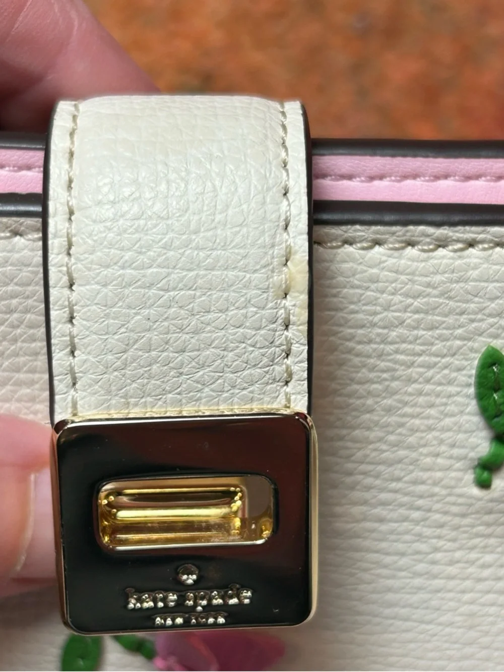 kate spade White Leather Wallet with Pink Floral Appliqué and Green Leaves